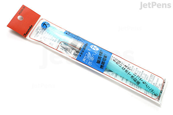 A Kuretake Water Brush in large size, packaged in a clear plastic sleeve with a red and white cardboard header. The brush has a white barrel and a blue label with Japanese text.