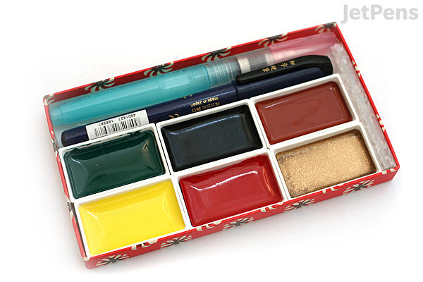 Kuretake Little Red Gift Set - 6 Watercolor Palette + Fine Brush Pen + Water Brush Pen - KURETAKE MC23-1