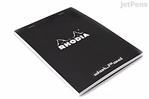 Black Rhodia DotPad notepad in A5 size with a dot grid layout, shown closed at a slight angle on a white background. The cover features the Rhodia logo in white.