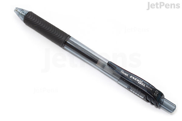 A Pentel EnerGel-X gel pen with a 0.5 mm needle-point tip and black ink. The pen has a transparent barrel, a black rubber grip, and a black retractable click mechanism.