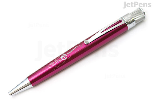 A Retro 51 Tornado Classic Lacquers rollerball pen with a metallic pink body, silver tip, clip, and top, featuring a 0.7 mm tip size.