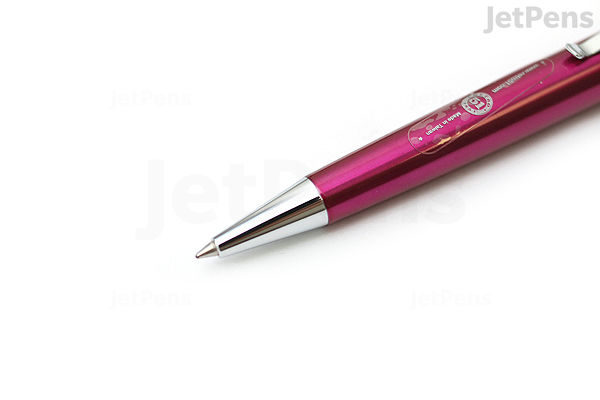 Close-up of a Retro 51 Tornado Classic Lacquers rollerball pen with a 0.7 mm tip, featuring a shiny pink metallic body and a silver tip.