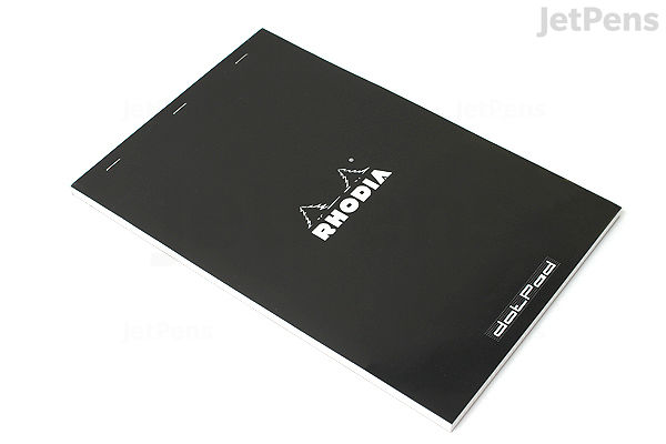 Black Rhodia DotPad Notepad No. 19 in A4+ size with dot grid pages, shown closed at a slight angle on a white background.