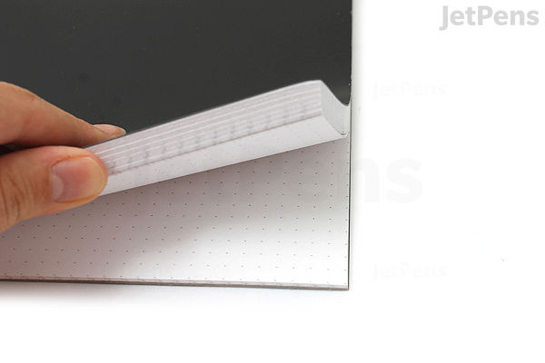 A hand holding a Rhodia DotPad notepad with black cover, showing the edge of the 5 mm dot grid pages. The notepad measures 8.25 by 12.5 inches and contains 80 sheets.
