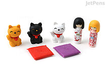Iwako Kokeshi Dolls and Fortune Cats Novelty Eraser - 7 Piece Set - IWAKO ER-BRI020