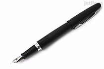 Black Pilot Metropolitan fountain pen with a fine nib, shown uncapped and angled on a white background.