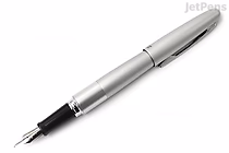 Silver Pilot Metropolitan fountain pen with a fine nib, shown uncapped and angled to display the nib and grip section.
