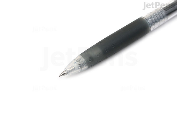 Close-up image of a Pilot Juice Gel Pen with a 0.38 mm black tip, featuring a transparent barrel and a black rubber grip.
