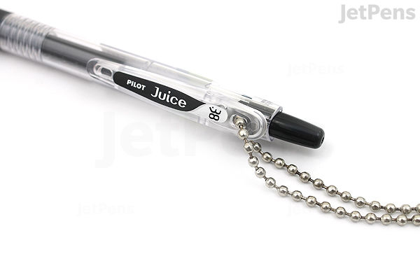 A close-up image of a Pilot Juice Gel Pen with a 0.38 mm tip in black ink. The pen has a clear barrel showing the ink inside, a black cap, and a silver clip attached to a small metal ball chain. The brand name and pen details are printed on the barrel.
