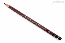 A Uni Mitsubishi Hi-Uni 2B pencil with a dark brown body and gold lettering, featuring a black eraser with a gold band near the end. The pencil is sharpened to a fine point.