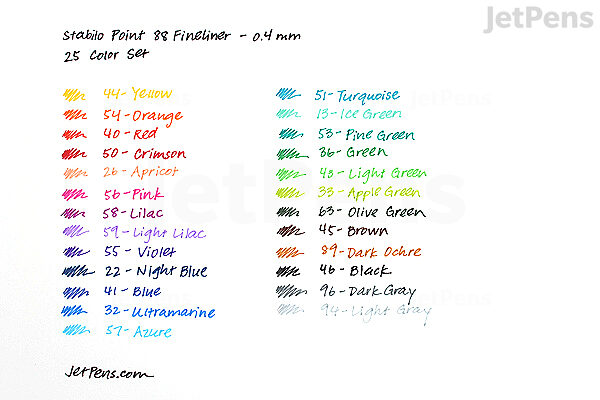 stabilo point 88 fineliner marker pen 0 4 mm 25 color stabilo 88 color chart