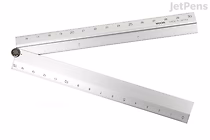 Two silver aluminum rulers connected by a pivot, forming an adjustable angle. Each ruler is 30 cm long and marked with black measurement units.