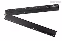 Black Midori aluminum multi ruler with two 30 cm arms connected by a pivot joint, allowing adjustable angles. Measurement markings in centimeters are visible along the edges.