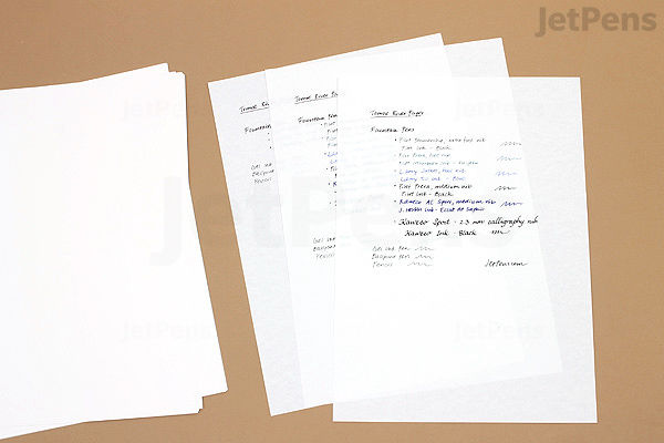 Three sheets of white Tomoe River 52 gsm Kanso Notebook paper in B5 size are shown on a light brown surface. Two sheets are blank, and one sheet contains typed text in black ink. The paper is thin and smooth, suitable for writing or printing.