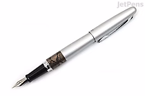 Silver Pilot Metropolitan fountain pen with a fine nib, featuring a textured silver python pattern on the grip section.