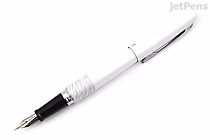 A Pilot Metropolitan Fountain Pen in the White Tiger design, featuring a white barrel with subtle black tiger stripe patterns and a silver clip, shown uncapped with the fine nib exposed.