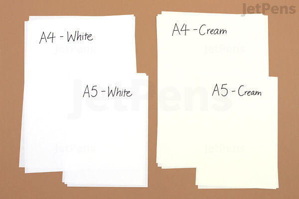 Two stacks of blank paper sheets on a beige surface. The left stack contains white sheets labeled "A4 - White" and "A5 - White." The right stack contains cream-colored sheets labeled "A4 - Cream" and "A5 - Cream."
