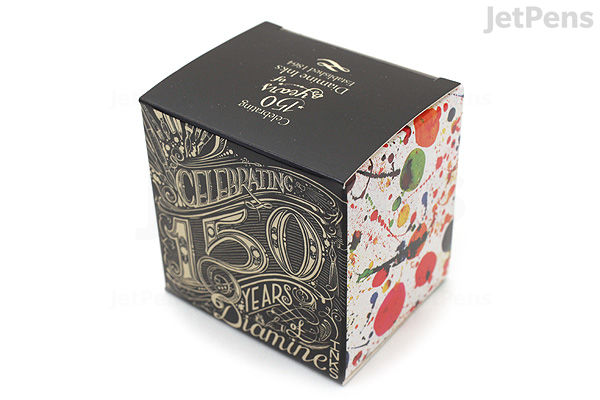 Box packaging for Diamine Silver Fox Ink 150th Anniversary edition, featuring decorative black and gold design with "150 Years" text and colorful floral patterns on the sides. Contains a 40 ml ink bottle inside.