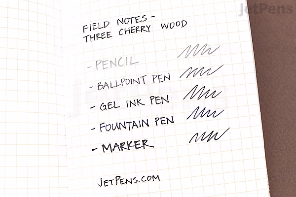 Three Field Notes Cherry Graph Memo Books (3.5" x 5.5") stacked, with one open showing grid paper and handwritten ink pen tests labeled pencil, ballpoint pen, gel ink pen, fountain pen, and marker.