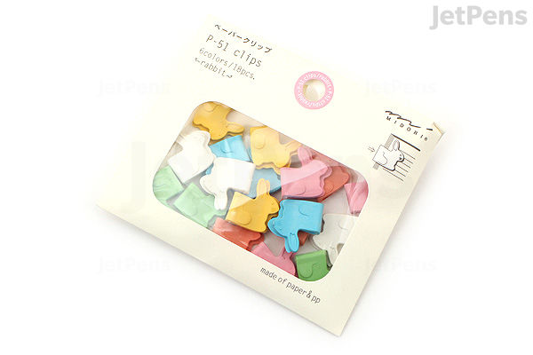 A package of Midori P-51 Paper Clips shaped like colorful rabbits, visible through a small window on the front of the white box. The paper clips come in pastel shades of blue, pink, yellow, and green.