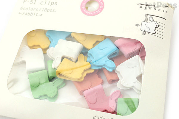 A partially open package of Midori P-51 paper clips shaped like rabbits in various pastel colors, including green, yellow, blue, pink, and white, displayed against a white background.