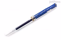 A Uni-ball Signo Broad UM-153 gel pen with blue ink, featuring a clear cap and a blue barrel with silver accents.