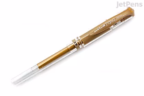 A Uni-ball Signo Broad UM-153 gel pen with a gold-colored barrel and gold ink, featuring a clear plastic cap and silver accents.