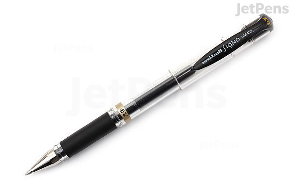 Black Uni-ball Signo Broad UM-153 gel pen with a silver clip and grip section, shown diagonally on a white background.