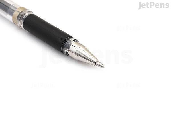 Close-up image of the tip of a Uni-ball Signo Broad UM-153 gel pen with black ink, featuring a black grip and silver metal tip.