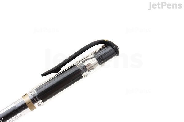 Black Uni-ball Signo Broad UM-153 gel pen with a silver clip and black grip section, shown on a white background.