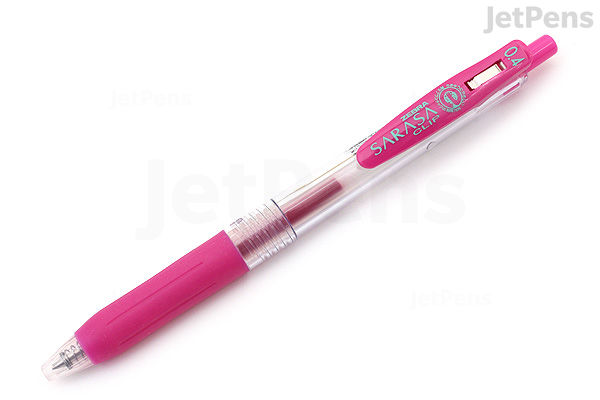 A Zebra Sarasa Clip gel pen with a 0.4 mm tip in magenta color, featuring a translucent barrel and a matching magenta clip and grip.