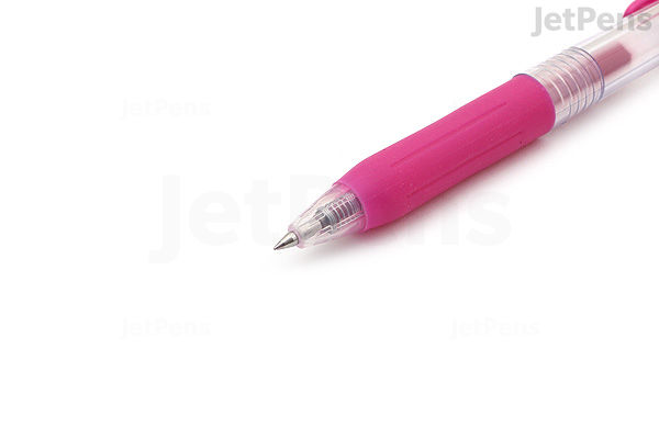 Close-up image of a Zebra Sarasa Clip gel pen with a 0.4 mm tip in magenta color, featuring a translucent barrel and a matching magenta grip.
