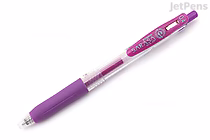 A close-up image of a Zebra Sarasa Clip gel pen with a 0.4 mm tip in purple ink. The pen has a clear barrel showing the ink inside, a purple rubber grip, and a purple clip with the brand name and model details printed on it.