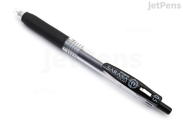 A Zebra Sarasa Clip gel pen with a 0.5 mm black tip. The pen has a transparent barrel showing the black ink inside, a black grip, and a black clip on the cap.