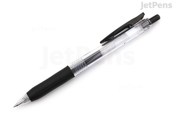 A Zebra Sarasa Clip gel pen with a 0.5 mm black tip, featuring a transparent barrel and a black rubber grip.