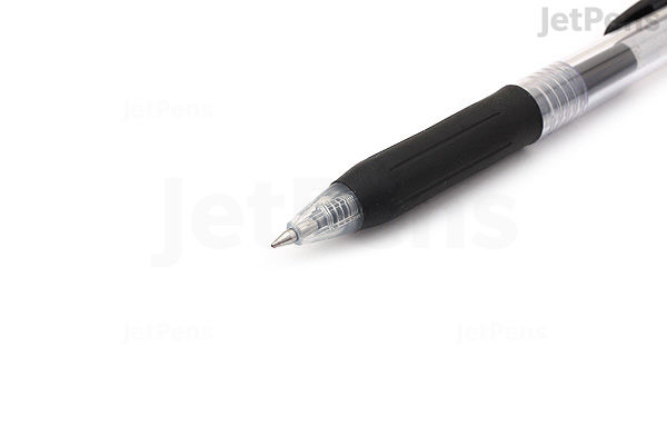 Close-up image of a Zebra Sarasa Clip gel pen with a 0.5 mm black tip, featuring a black rubber grip and a silver clip on a white background.