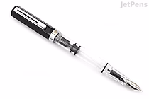 A TWSBI ECO Black fountain pen with a medium nib, featuring a transparent barrel and black cap, displayed on a white background.