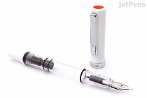 A TWSBI ECO White fountain pen with an extra fine nib, shown uncapped. The pen body is transparent with white accents, and the cap is white with a silver clip and a red circular emblem on top.