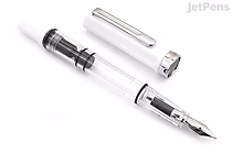 A TWSBI ECO White fountain pen with a fine nib, shown disassembled into three parts: the cap, the barrel, and the nib section. The pen has a transparent barrel and a white cap with silver accents.