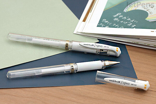 Set of 3 Uni-Ball Signo Broad UM-153 Gel Pen Assorted: Metallic Ink Gold, Silver and White