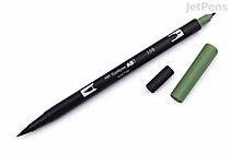 A Tombow Dual Brush Pen in Dark Olive (158) with its green cap removed and placed beside the pen, showing the fine tip. The pen body is black with white text and branding.