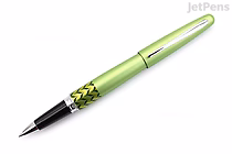 Image of a Pilot Metropolitan Retro Pop Gel Pen with a fine point. The pen has a green marble-patterned barrel and a shiny silver clip and accents. The grip section is black.