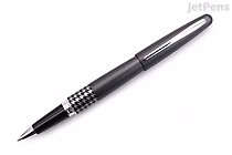 A Pilot Metropolitan Retro Pop gel pen with a fine point, featuring a gray houndstooth pattern on the grip section and a sleek black body and cap.