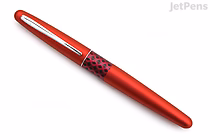 Red fountain pen with a medium nib, featuring a wave pattern design on the cap, shown against a white background.