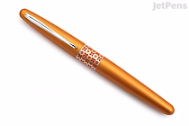 Orange fountain pen with a medium nib, featuring a silver clip and a decorative orange flower pattern on the cap band.