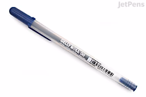 A Sakura Gelly Roll Classic gel pen with a medium 0.8 mm tip in royal blue ink. The pen has a clear barrel showing the ink inside, a blue cap, and a blue end plug.