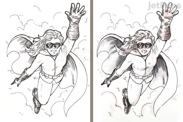 Drawings made using waterproof ink (left) and non-waterproof ink with a water brush (right).