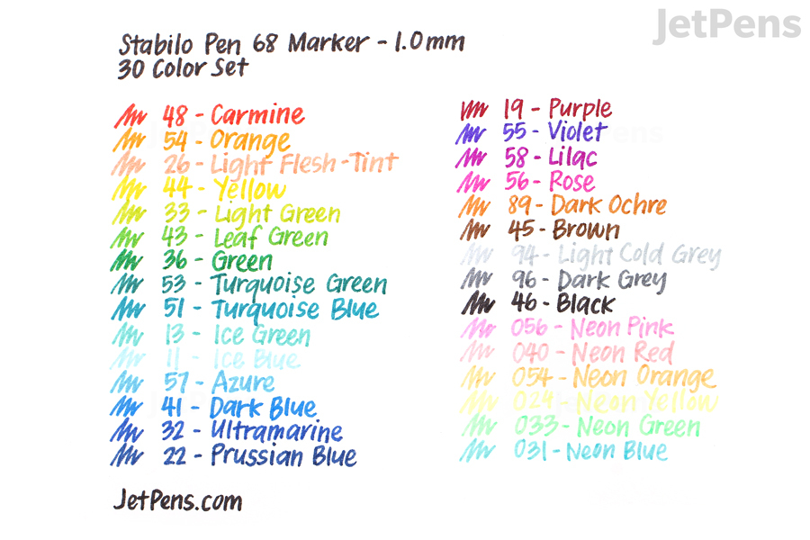 stabilo pen 68 marker 1 0 mm 30 color set jetpens com stabilo pen 68 colour chart