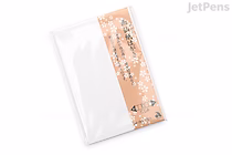 A pack of 10 sheets of Akashiya Etegami Postcard Size Gasen Paper, wrapped in clear plastic with a peach-colored label featuring cherry blossom illustrations and Japanese text.