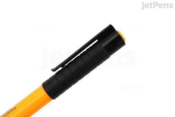 Close-up of a Faber-Castell PITT Artist Pen with a black cap and an orange barrel, labeled as Brush Deep Red (223).